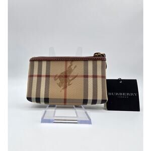 Burberry Nova Check Zip Pouch / Cosmetic Bag – Beige Plaid – Leather Trim